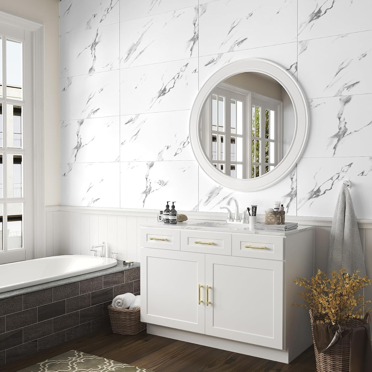 12″x24 Carrara Marble Peel and Stick Floor Tile White Floor Tiles Peel and Stick