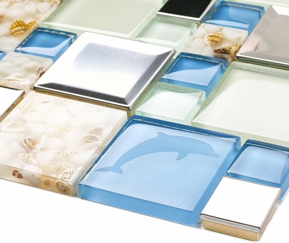 Blue Sea Glass Tile Backsplash Beach Style Mosaic Tiles Real Seashell Inside …