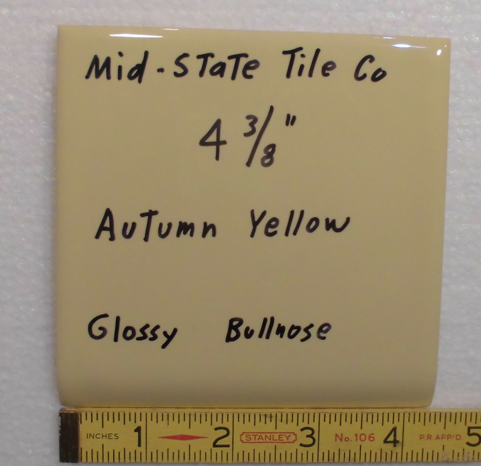 1 pc. Autumn Yellow; Bullnose Surface Ceramic Tile 4-3/8″ by Mid-State Co. NOS