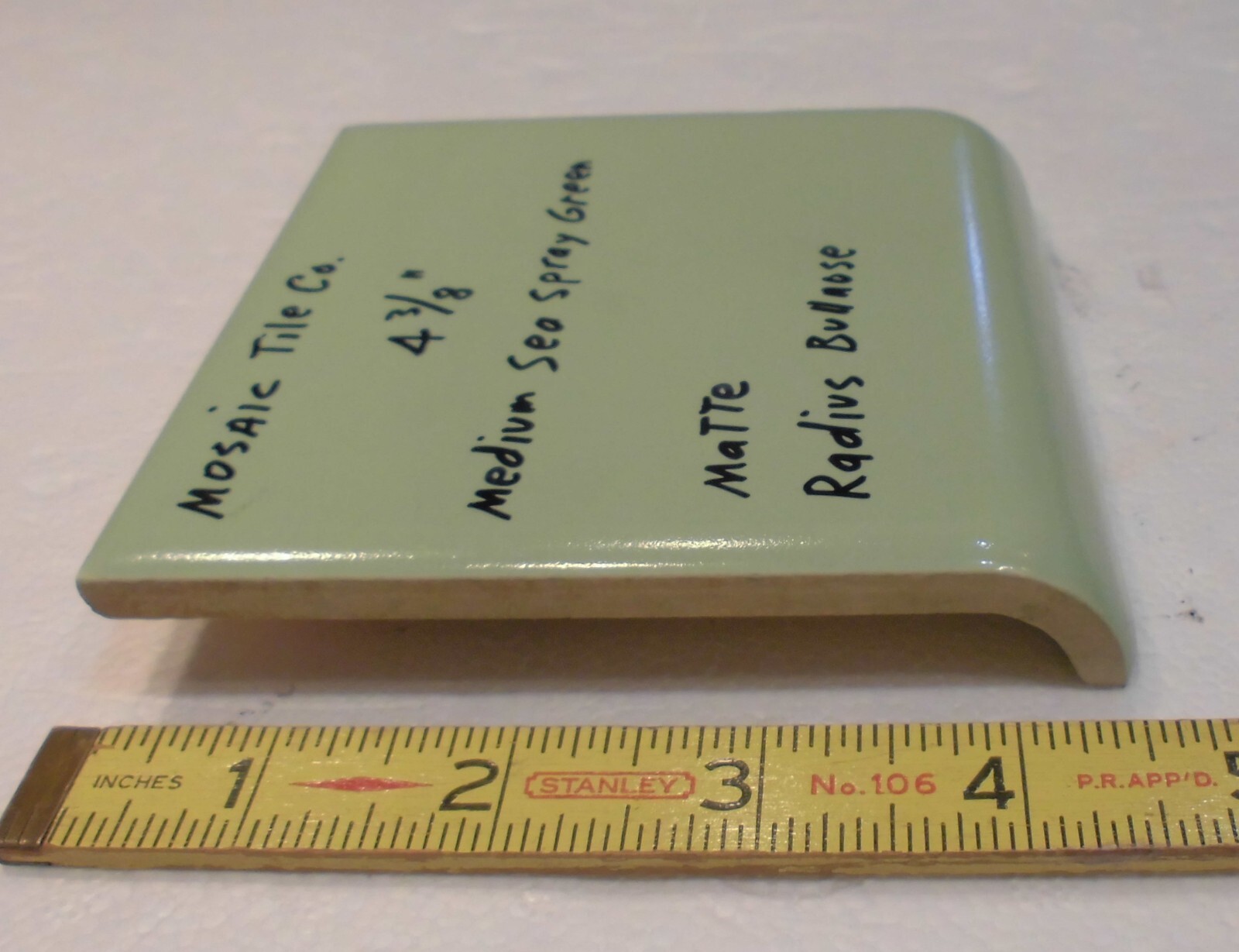1 pc. Medium Sea Spray Green: Matte Radius Bullnose Ceramic Tile 4-3/8″ NOS