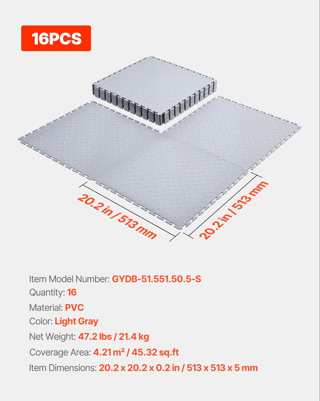 VEVOR Garage Floor Tiles Interlocking 16 Pack 20.2×20.2×0.2 in PVC Light Gray