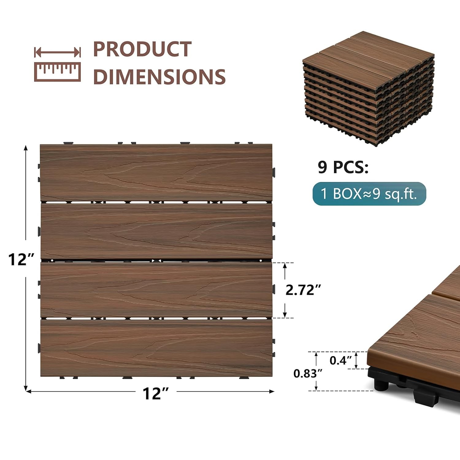 Teak Brown Interlocking 12×12 Deck Tiles Waterproof All Weather Patio Flooring