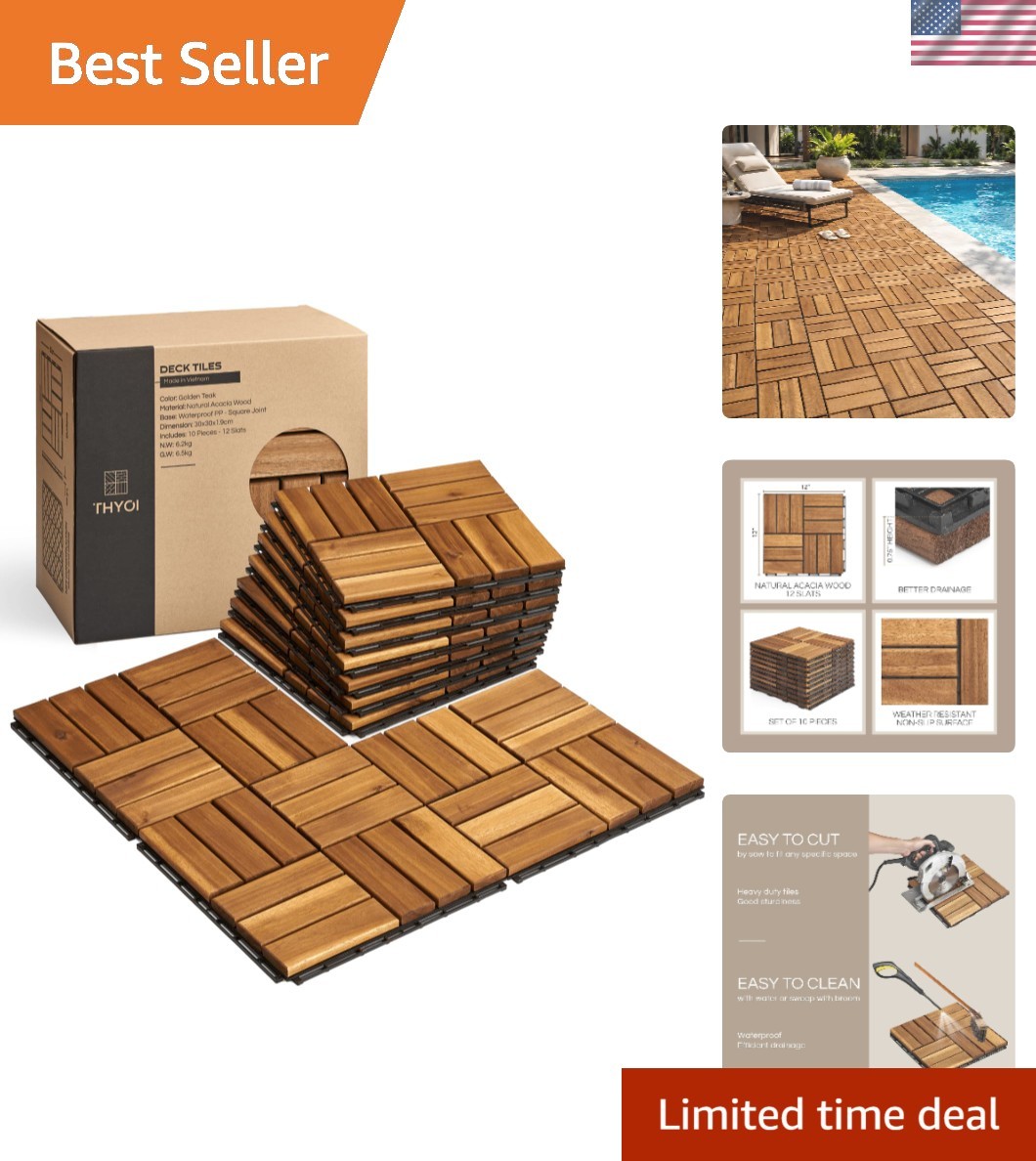 Crossed Pattern Interlocking Deck Tiles – 12”x12” Waterproof Acacia Wood Set
