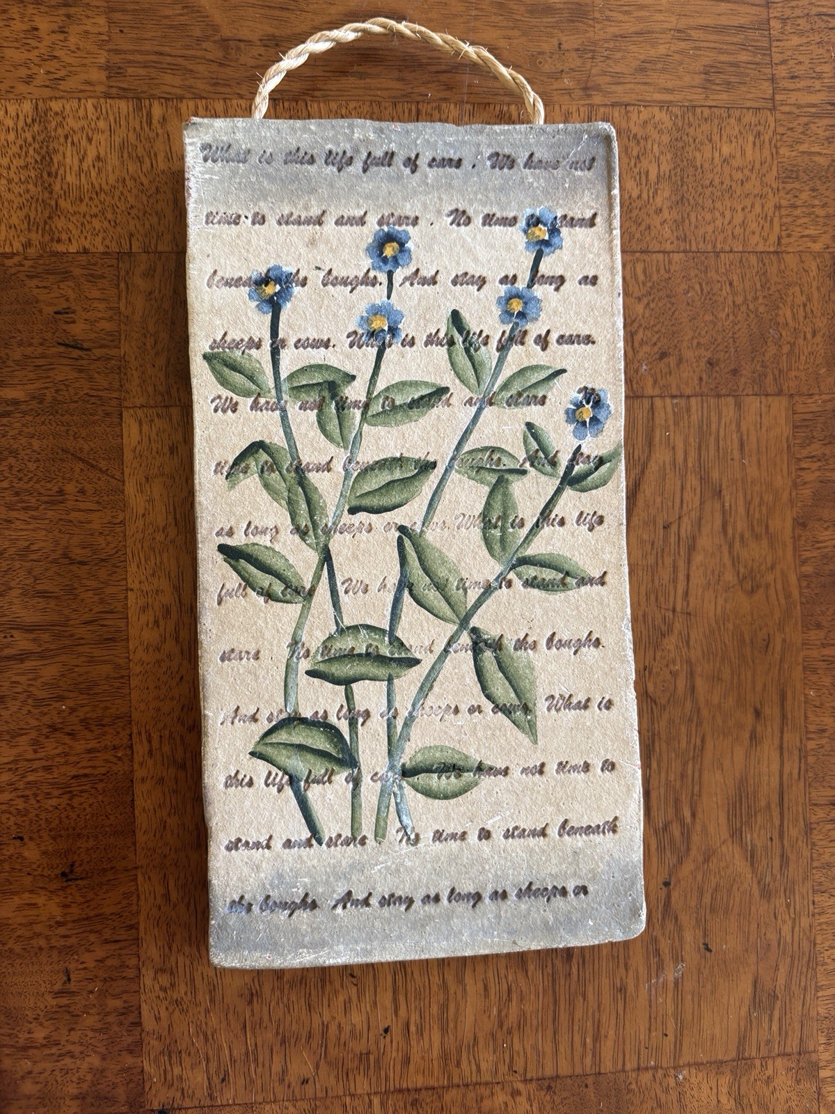 Vintage Wall Tile With Poem & Hand Painted Forget Me Nots Majolica Plaque
