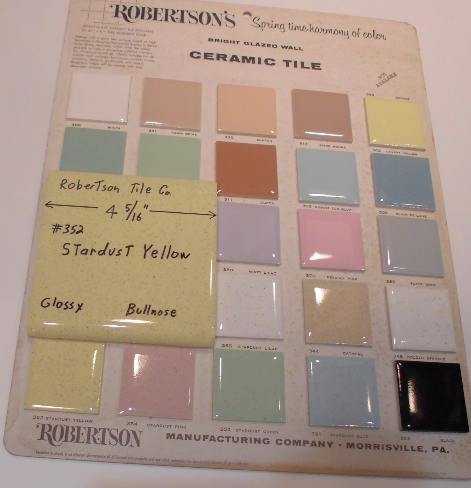 1 pc. Stardust Yellow: Vintage Glossy Ceramic Bullnose Tile 4-5/16” Robertson