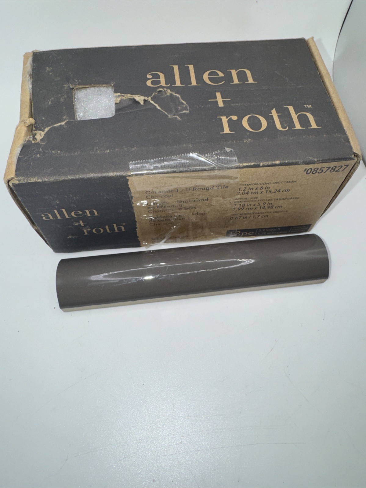 BOX of 12 Allen + Roth Charcoal Gray Glazed Ceramic Half Round Wall Tile Trim 6″