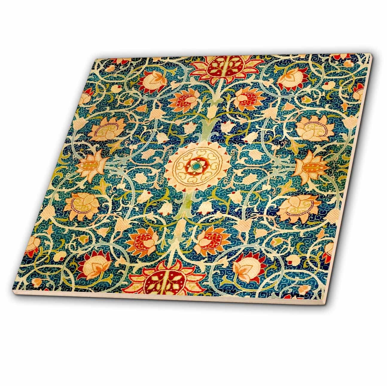 William Morris 6-Inch Ceramic Tile Blue Coral Orange Floral Pattern Vintage Art