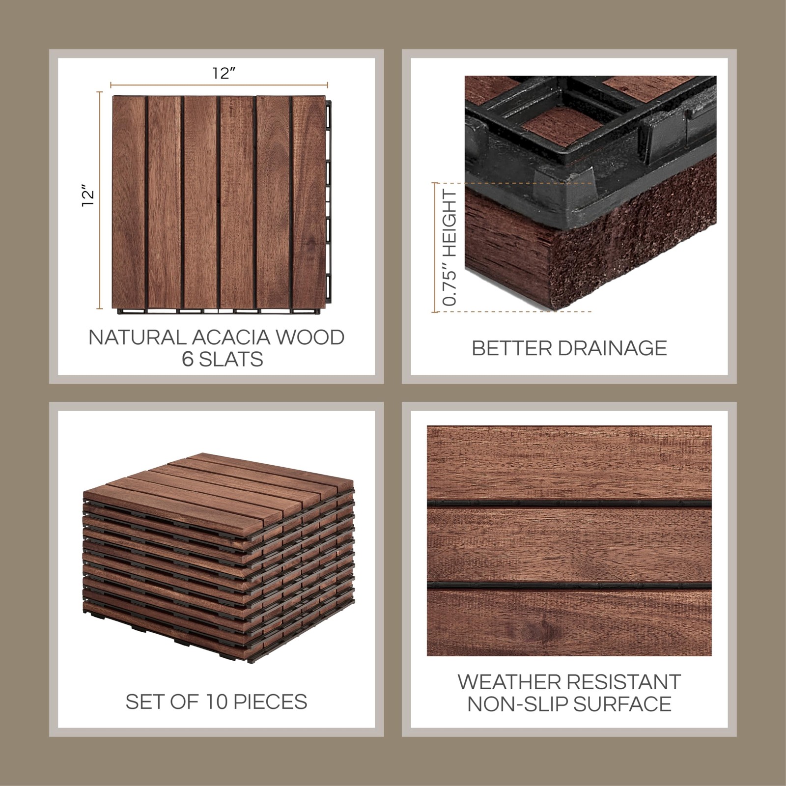 Interlocking Deck Tiles Acacia Wood 10 Pcs 12×12 Waterproof Patio Flooring Balco