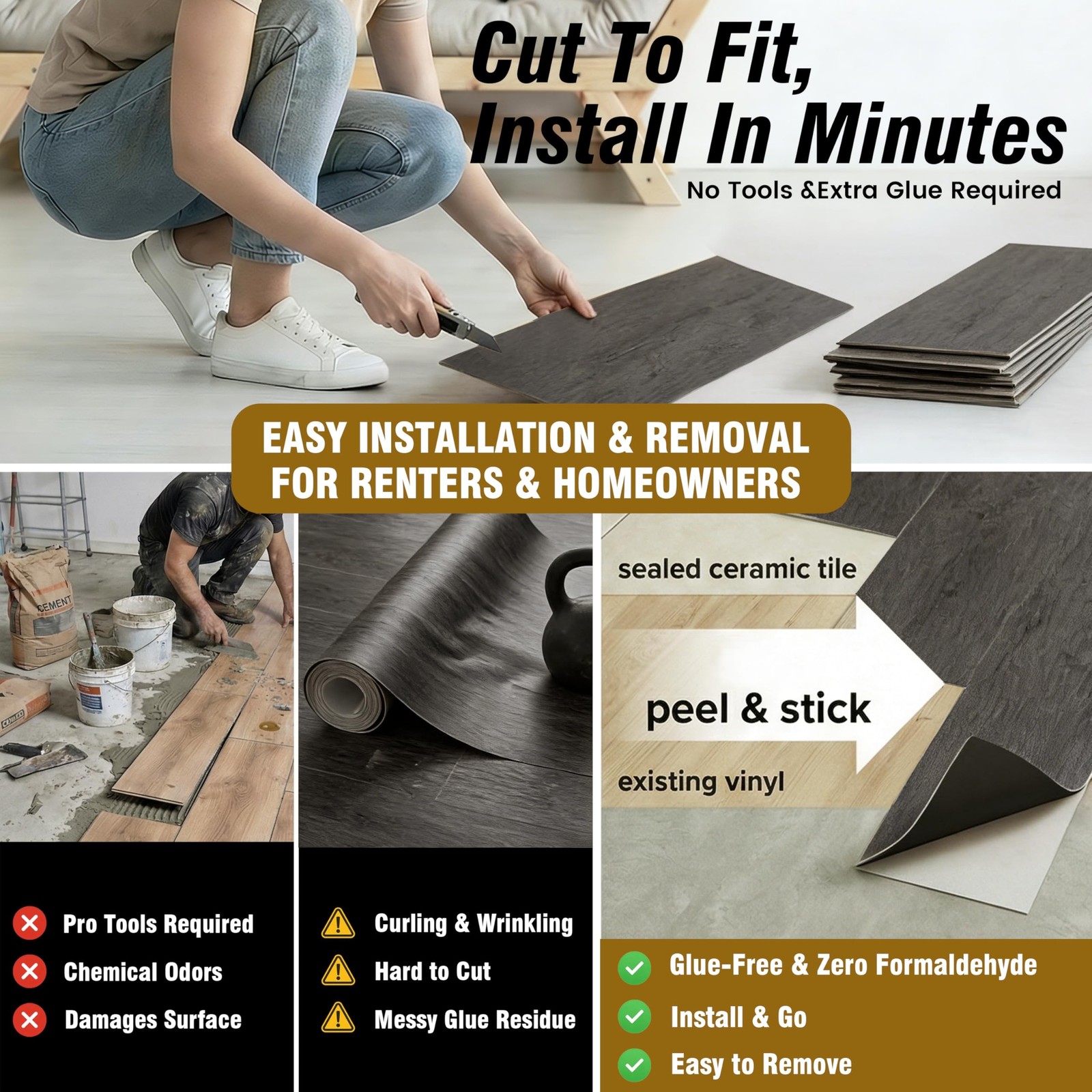 Waterproof Peel and Stick Floor Tile, 54 Sq.Ft Dark Grey Vinyl Flooring | 36 …