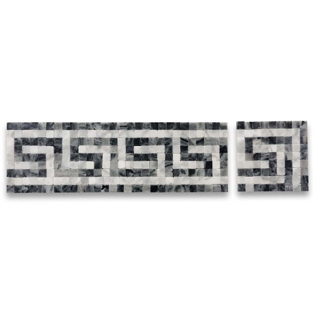 B0102P Carrara White Bardiglio Gray Marble Greek Key Mosaic Border Listello