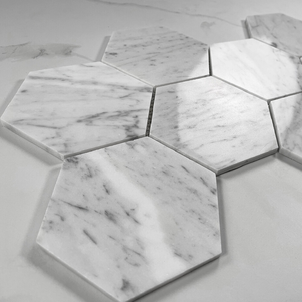 C35XP 5″ Hexagon Carrara White Venato Carrera Marble Mosaic Tile Polished