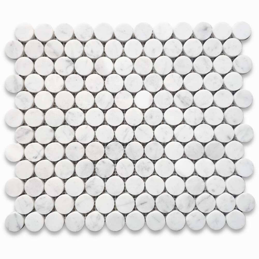 C93LXH Carrara White Venato Marble 1″ Penny Round Mosaic Classic Tile Honed