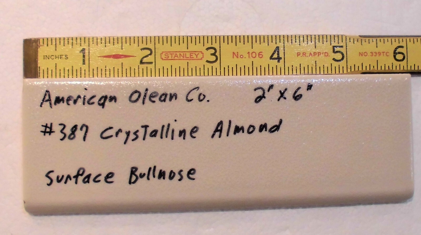 1 pc. Ceramic Bullnose Tile 2” X 6” #387 Crystalline Almond by American Olean