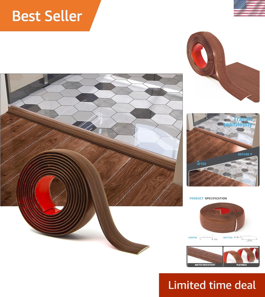 4 FT Easy Install Self-Adhesive Floor Transition Strip in Rich Cherry Color
