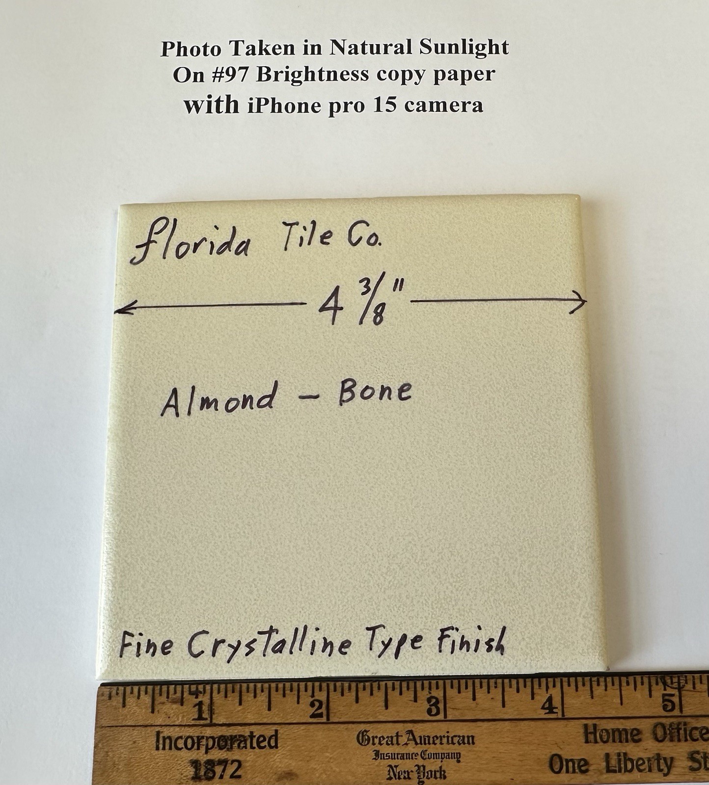 1 pc. Almond – Bone Color: 4-3/8″ Crystal Glazed Ceramic Tile, fine crystalline