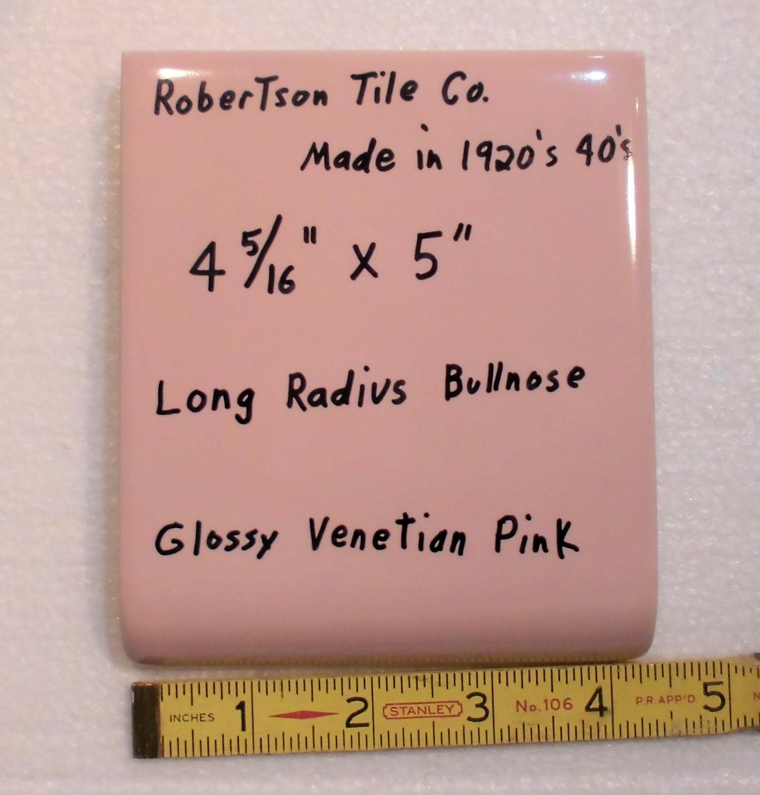 1 pc. Venetian Pink: Glossy Ceramic Radius Bullnose Tile 4-5/16″ X 5″ Robertson