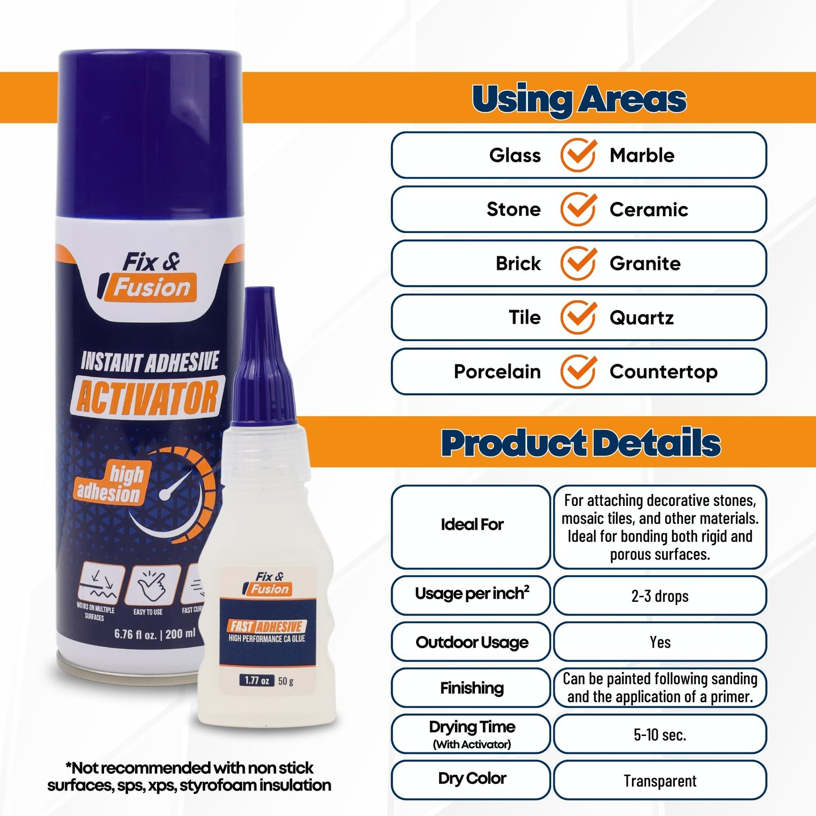 FIX & FUSION Ca Super Glue (1.77 Oz) with Activator Spray (6.76 Fl Oz) Set, F…