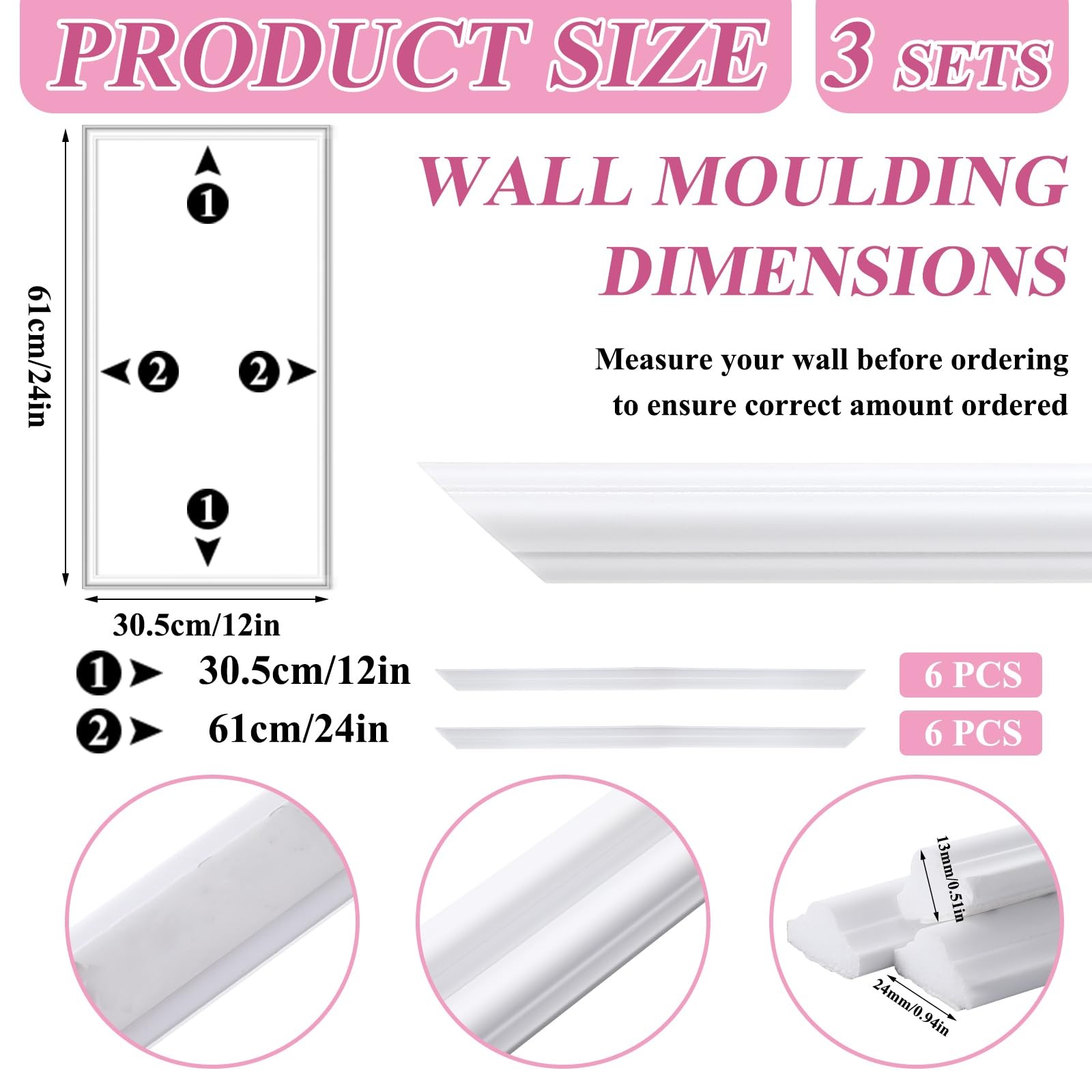3 Set Accent Wall Molding Kit Peel and Stick Wainscoting Panels Board and Bat…