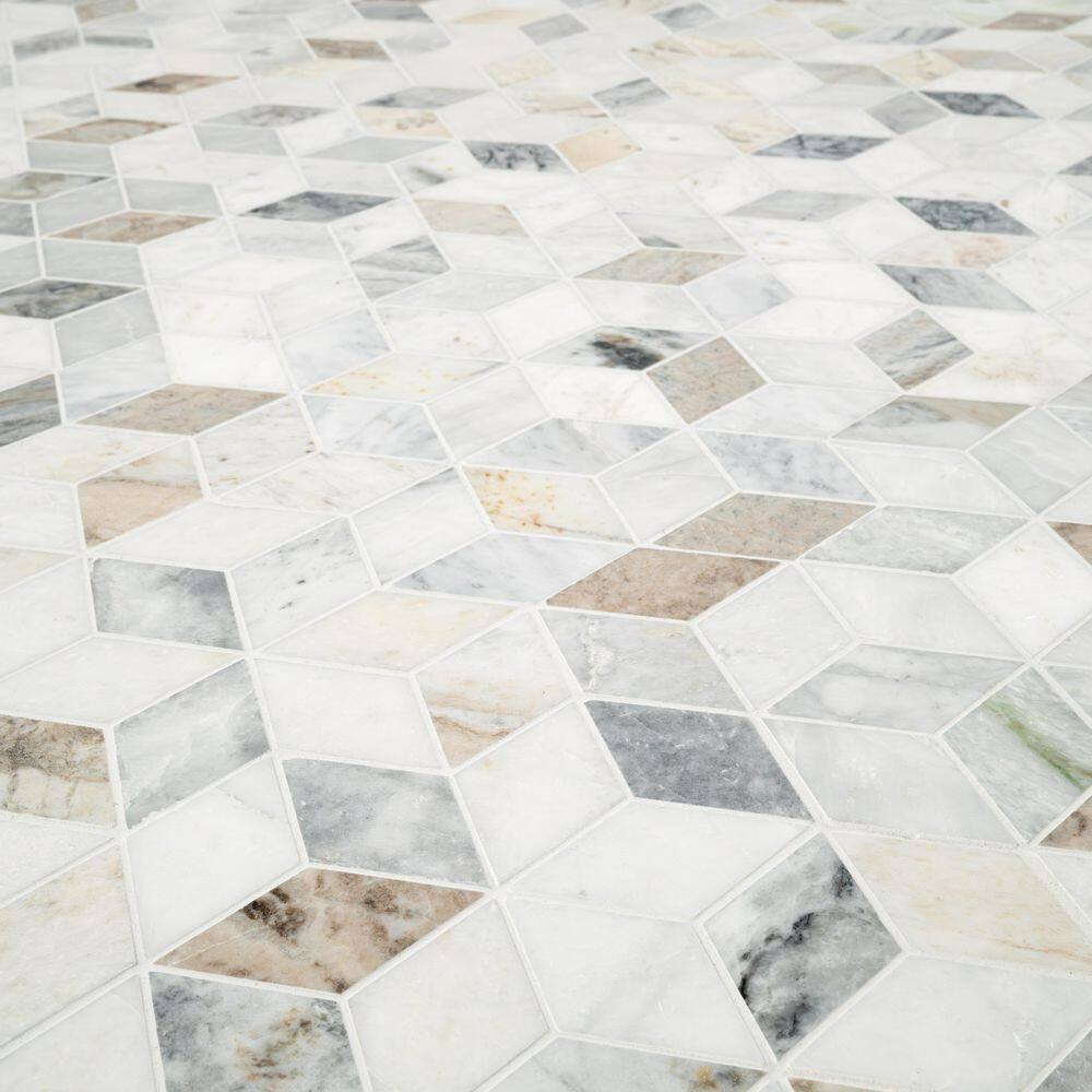 Arabescato Carrara Venato Cube 11 In. X 13 In. Mixed Marble Mesh-Mounted Mosaic