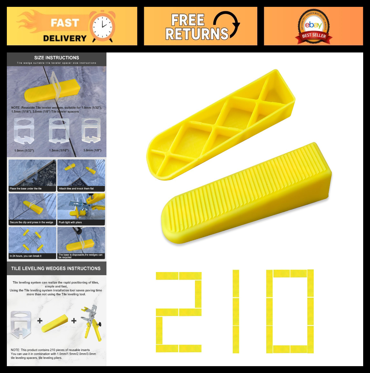 210 Pcs Tile Leveling System Wedges – Reusable Leveler Tools for 1/8″ 1/16″ 1/32