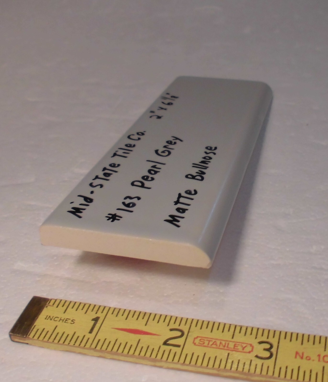 1 pc. Vintage Matte *Pearl Gray* 2” X 6-1/8” Surface Bullnose Ceramic Tile, NEW