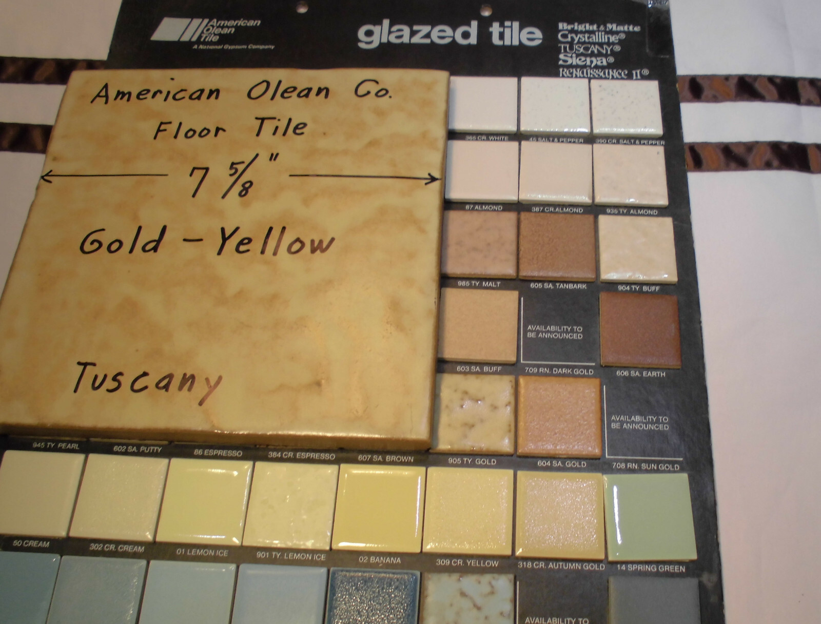 1 pc. *Gold-Yellow* Ceramic Floor Tile; American Olean 7-5/8″ X 1/2″ Thick