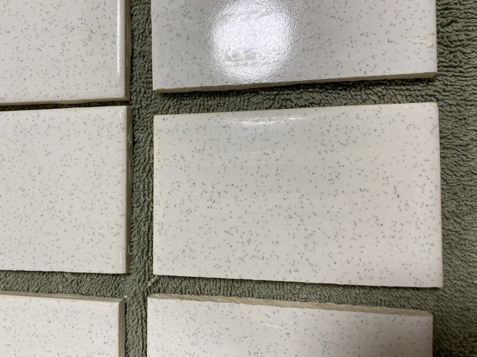 Lot of 10 – Vintage (1950-60s) White Speckled Ceramic Tile – 1/2 cut (2.5×4.25)