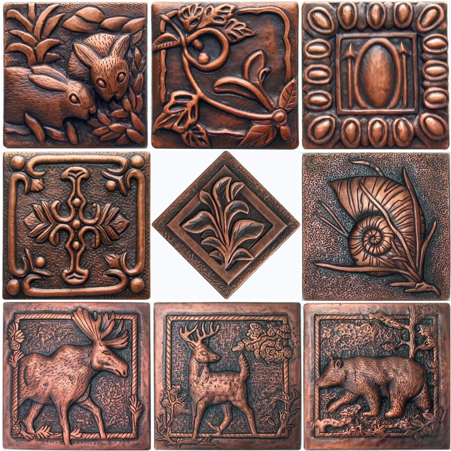COPPER 4″ x 4″ x 3/8″ DECORATIVE WALL TILE (9 DESIGNS)