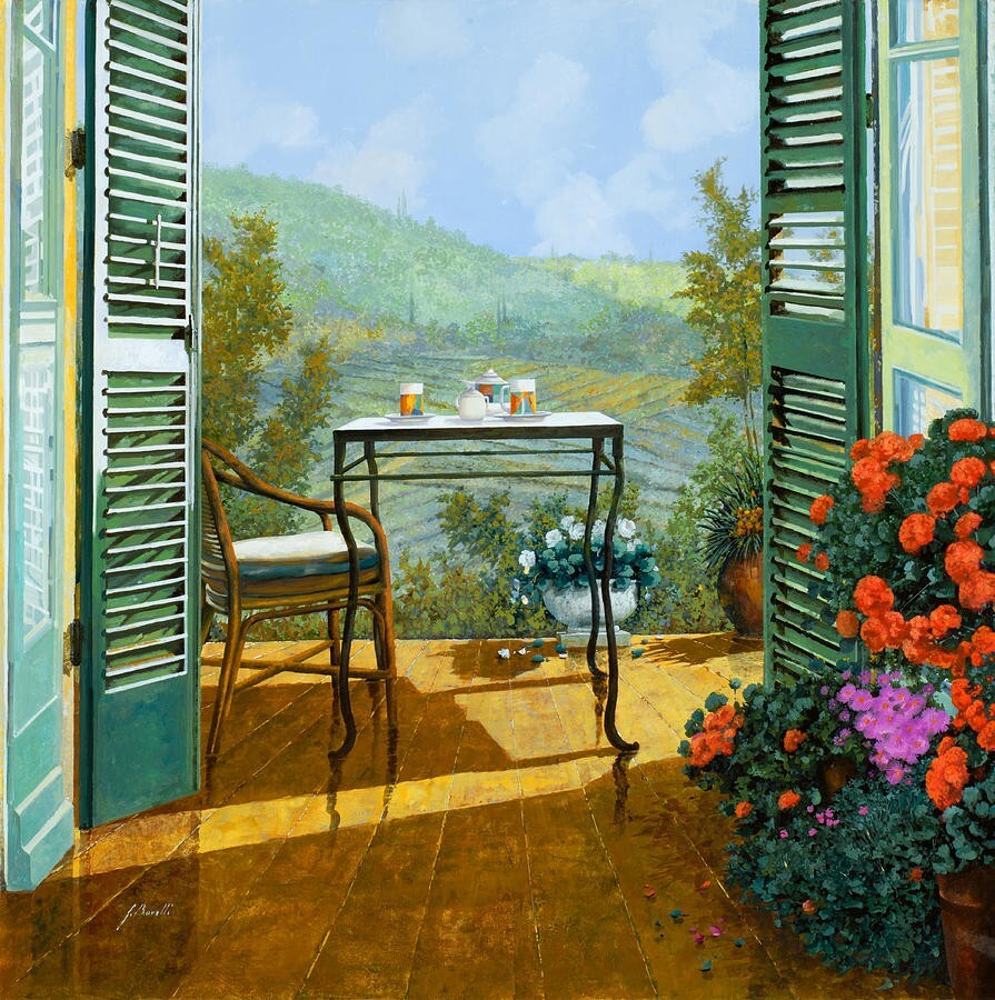 ceramic tile mural backsplash medallion. Tuscany view from balcony flower garden
