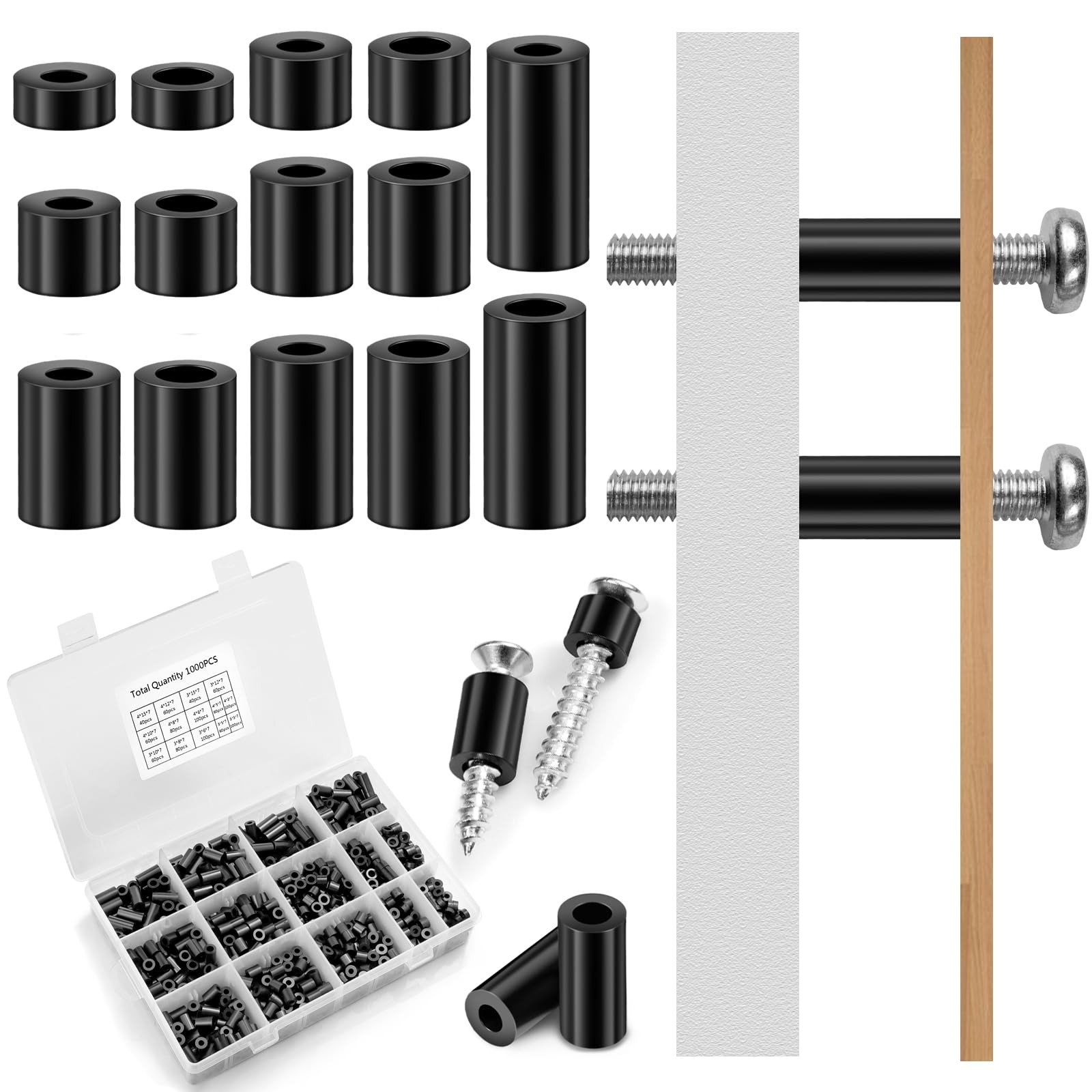 1000 Pcs Black Nylon Round Spacers for M3 M4 Screws, Electrical M3+M4, black