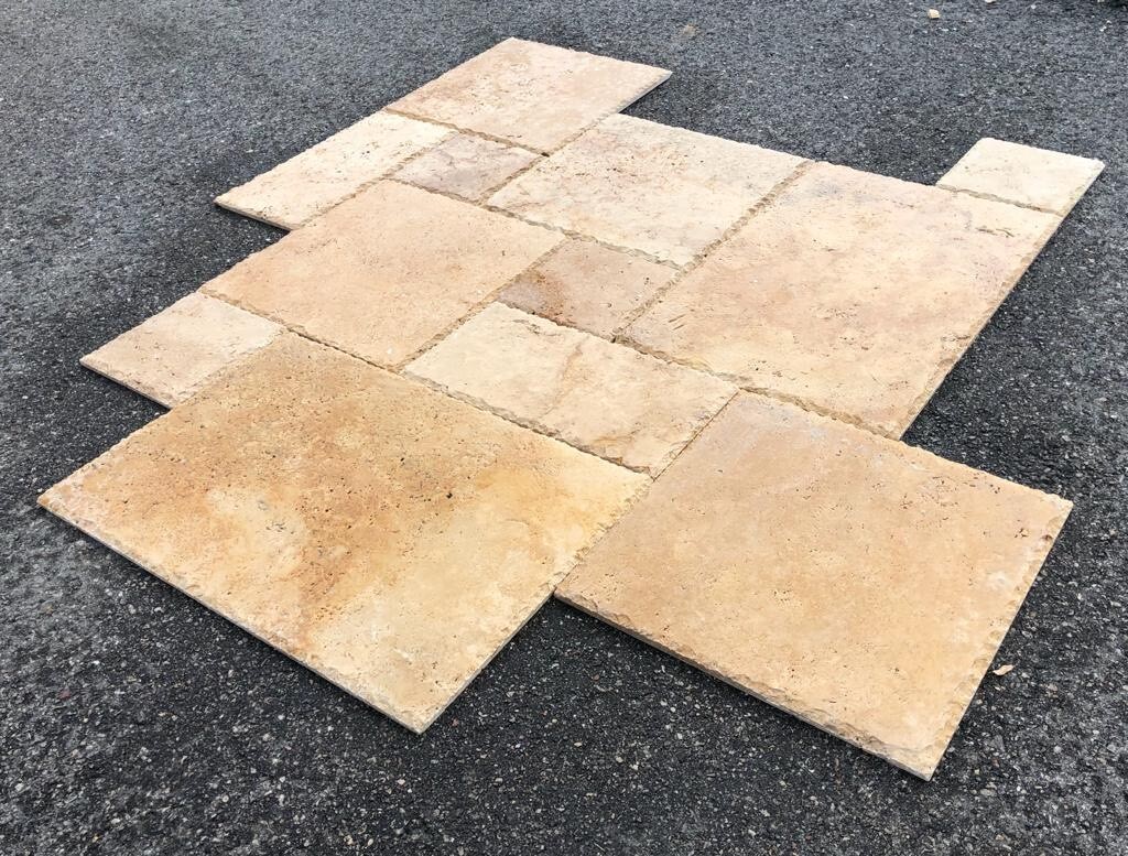SUNSET IVORY TRAVERTINE FRENCH PATTERN TILES BRUSHED CHISELED EDGE