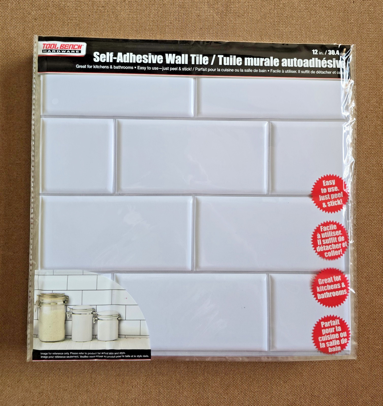 Tool Bench Hardware Self Adhesive White Wall Brick Tile 12×12″ Subway 12 Ct. New