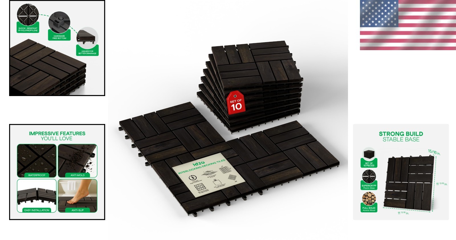 Acacia Wood Deck Tiles – 10-Piece Set, Black Checkered
