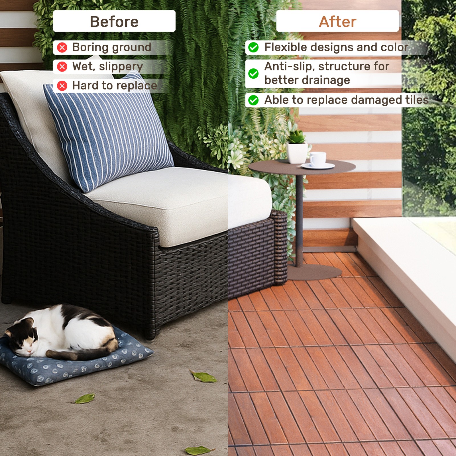 10 Pcs 12″ x 12″ Acacia Hardwood Interlocking Deck Tiles, Striped Pattern