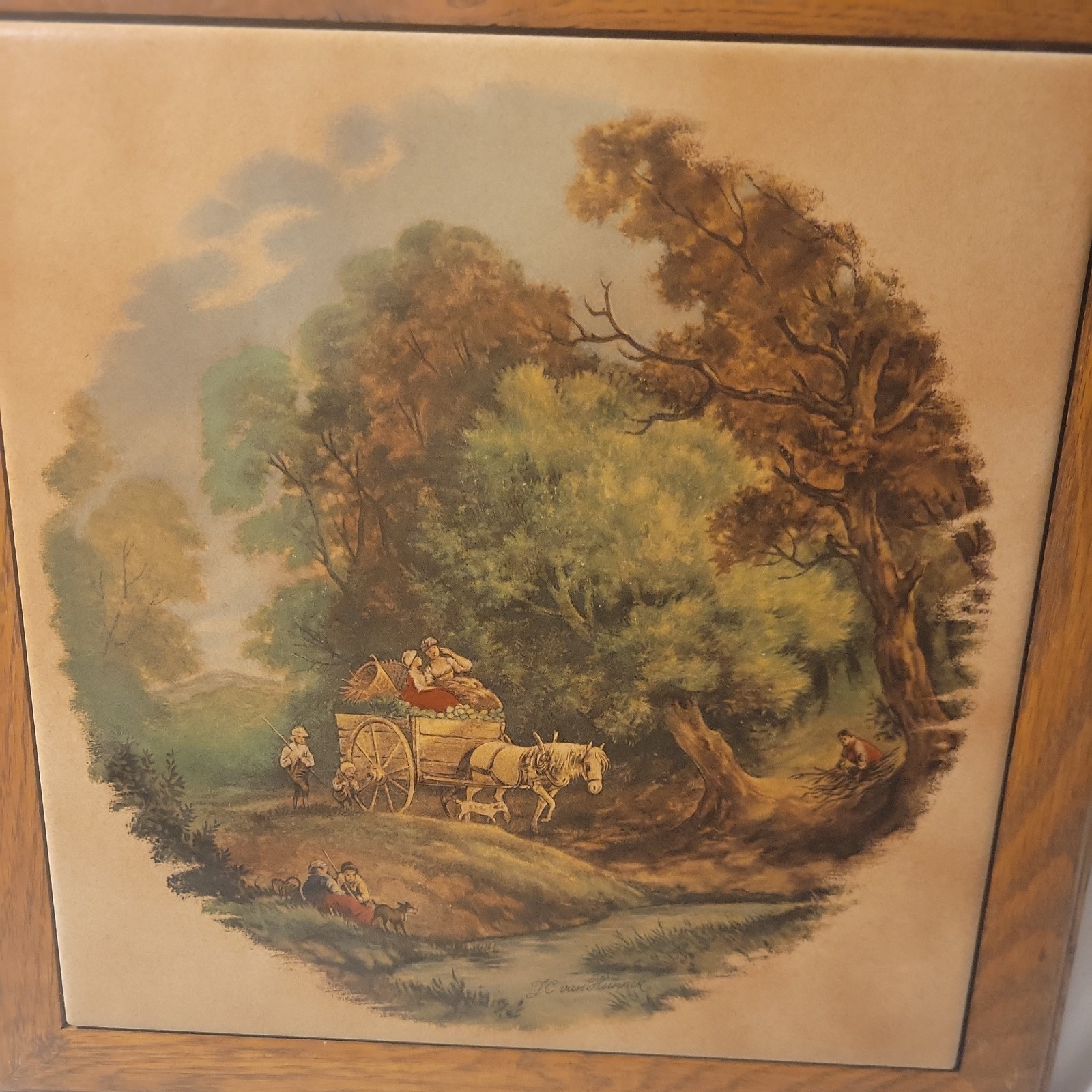 Vintage Dutch Ceramic Polychrome Tile Signed J C Van Hunnik Framed in Oak Italy
