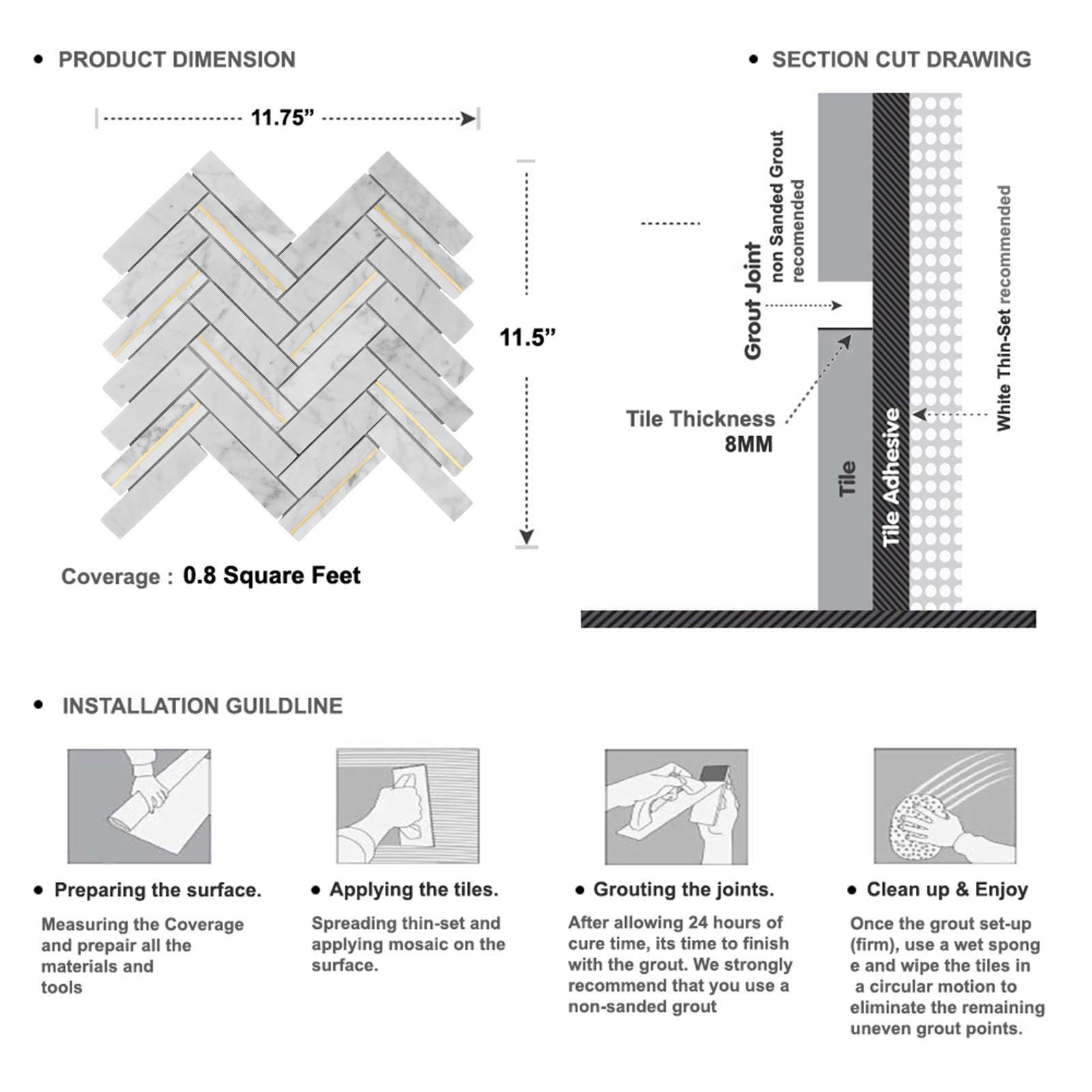 Carrara White Marble Stone Gold Metal Inlay Herringbone Kitchen Tile Backsplash