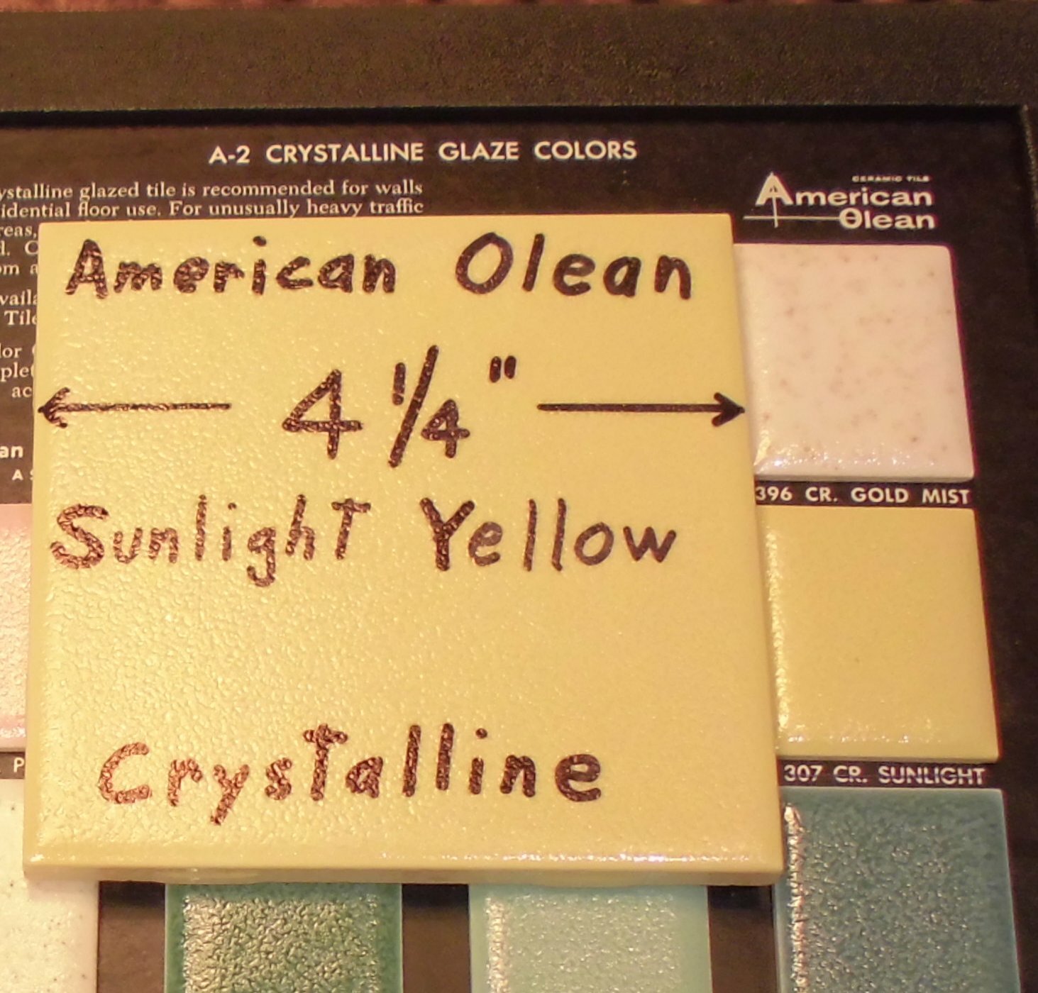 1 pc. *Yellow* Ceramic Tile Crystalline Glazed by American Olean 4-1/4″ NOS