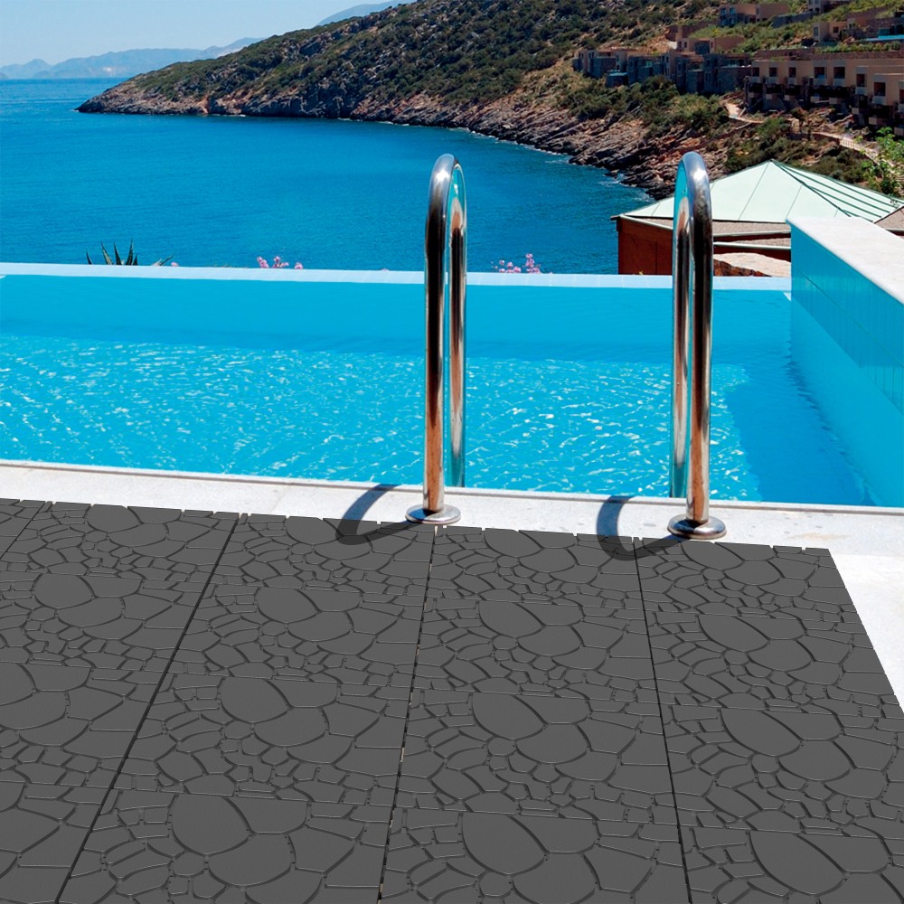 12″ Stone Texture Interlocking Deck Tiles 44Pcs Dark Gray PP Module Floor Tile