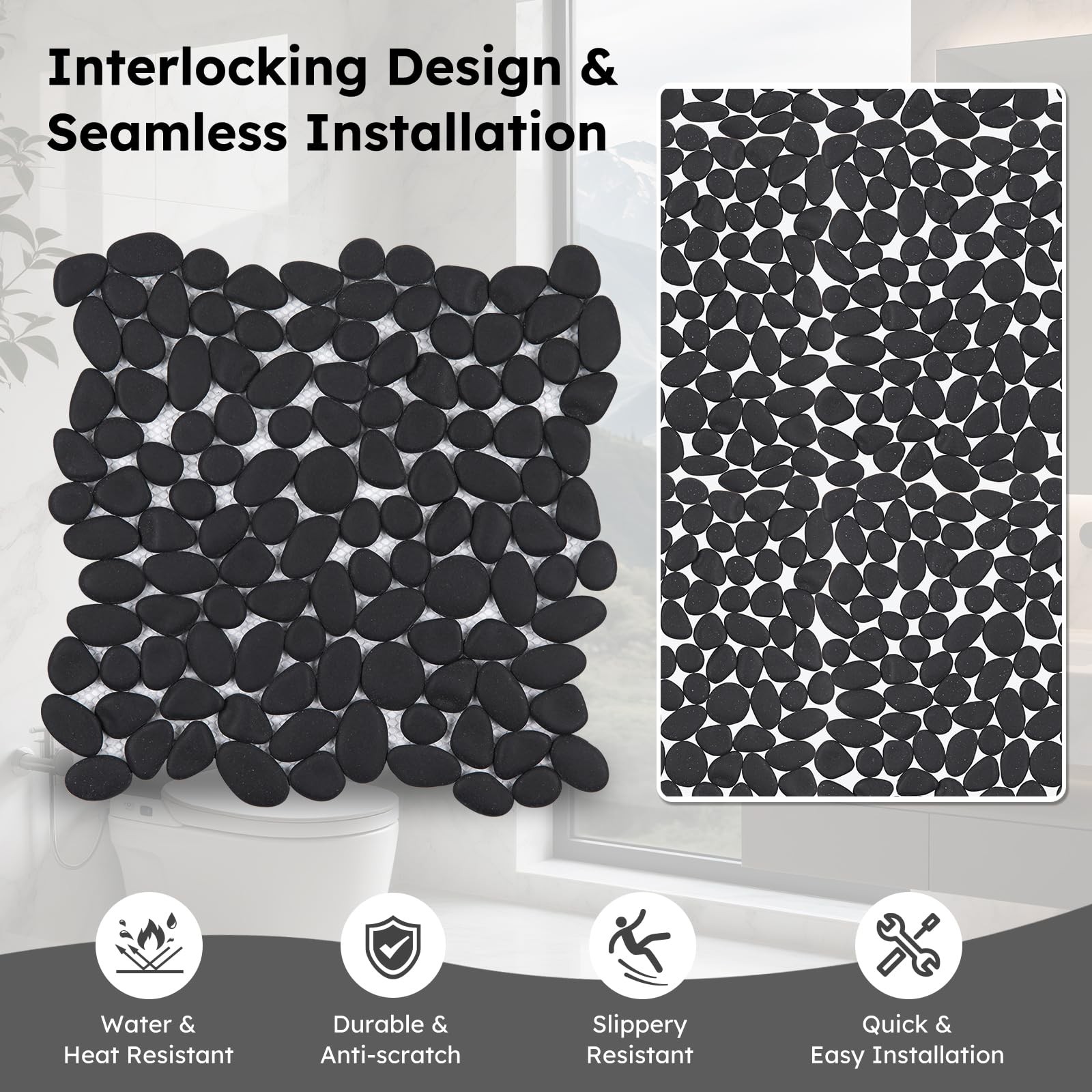 Pebble Tile for Shower Floor, Black Oval, 5 Sheets, Pebble Mosiac Backsplash …