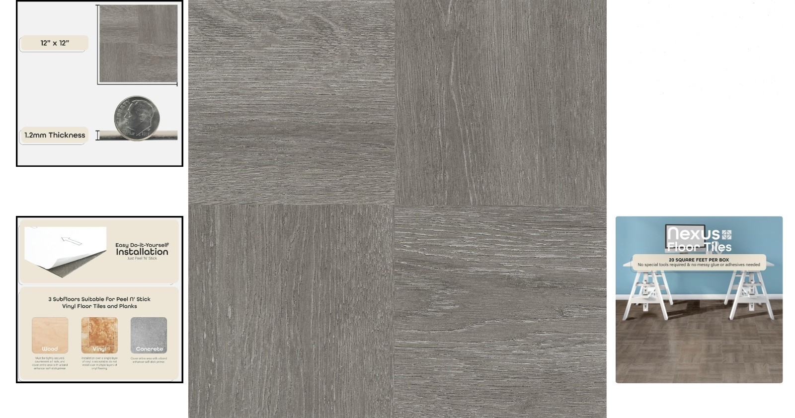 Easy Install Nexus Vinyl Floor Tiles in Charcoal Wood Look, 12×12