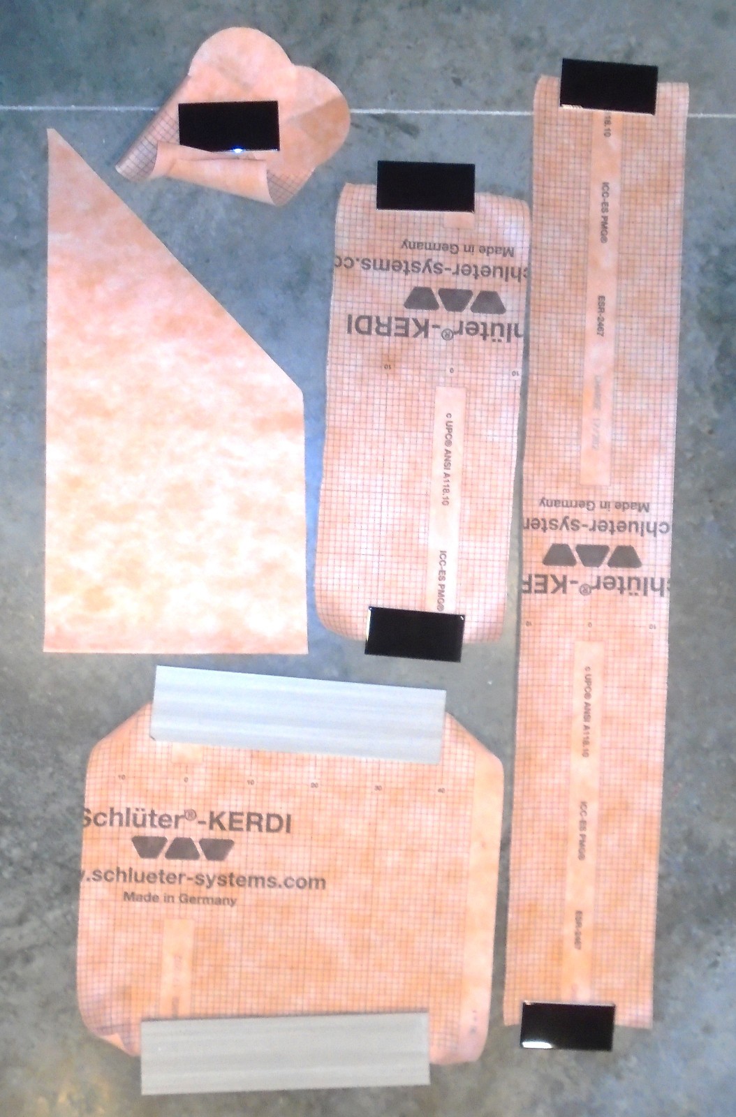 Schluter-KERDI membrane : ~39″ x 96″ (so ~26 ft2) plus various cut pieces shown