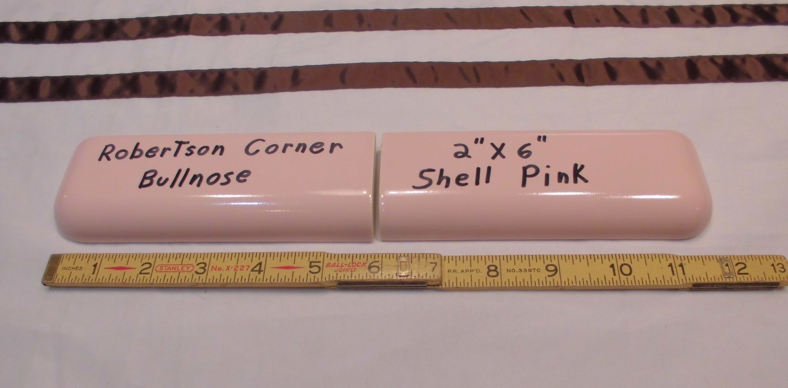 2 pcs. *Shell Pink* 2″ X 6″ Ceramic Radius Bullnose Corner Tiles by Robertson