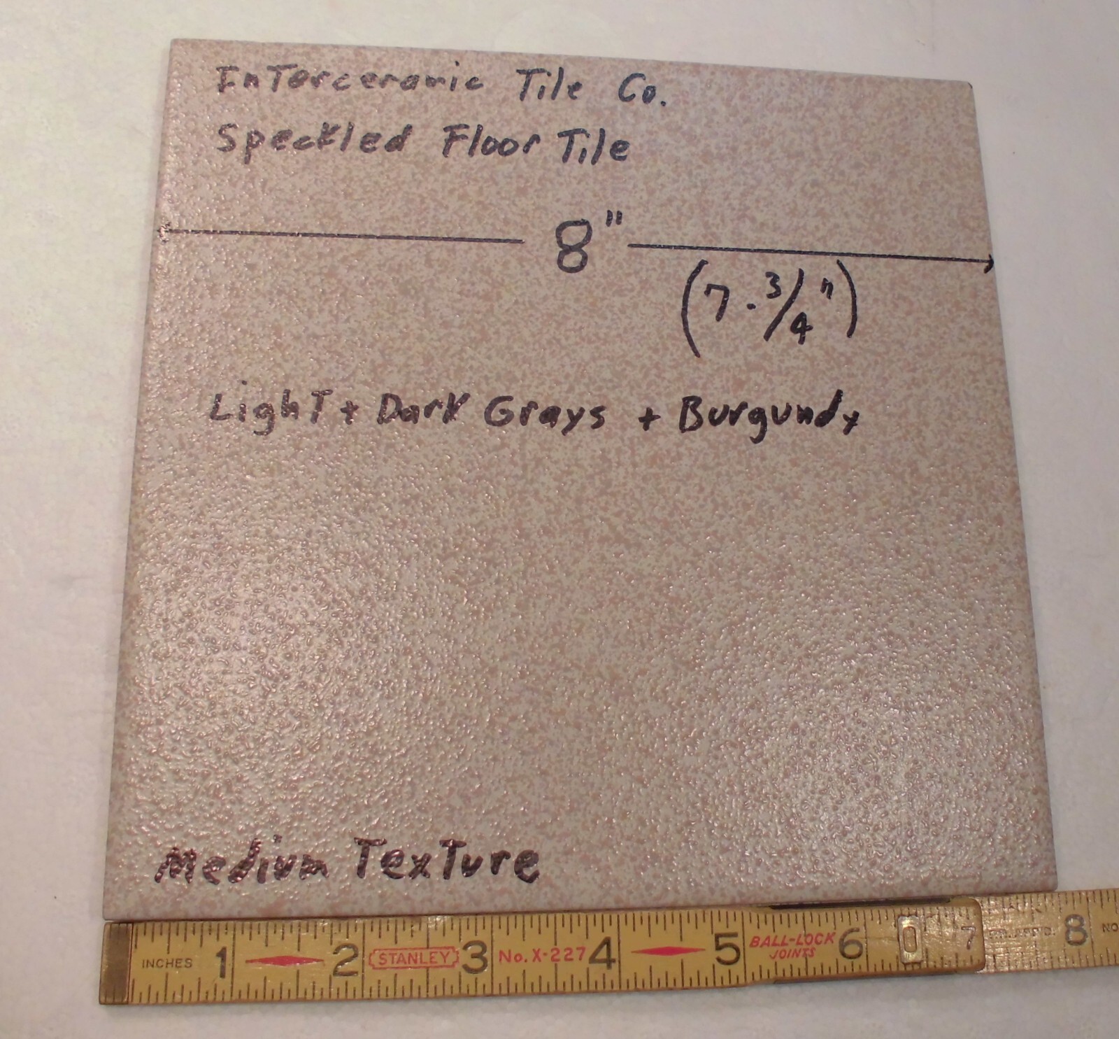 1 pc. Speckled: 7-3/4″ Ceramic Floor Tile: Light + Dark Grays with Burgundy, NEW