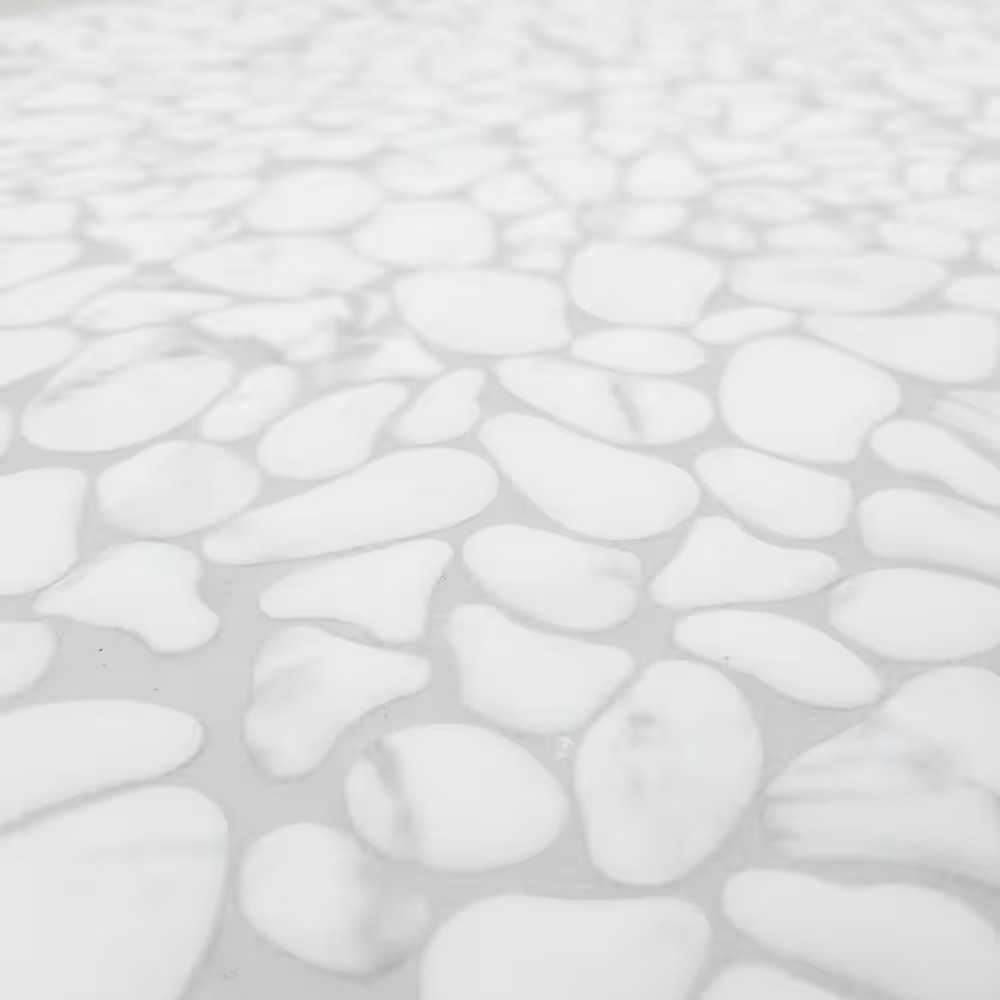 White Calacatta Pebble 10.6 In. X 10.6 In. Recycled Glass Marble Looks Floor and