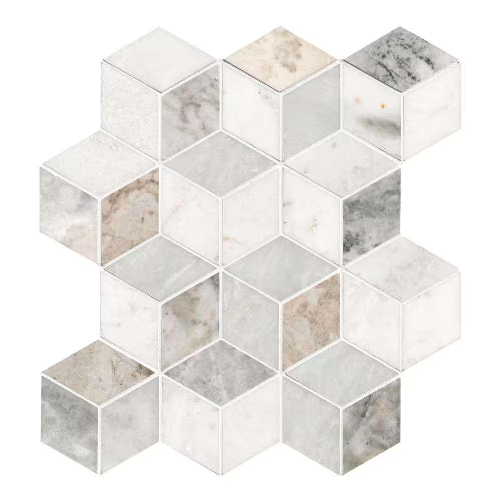 Arabescato Carrara Venato Cube 11 In. X 13 In. Mixed Marble Mesh-Mounted Mosaic