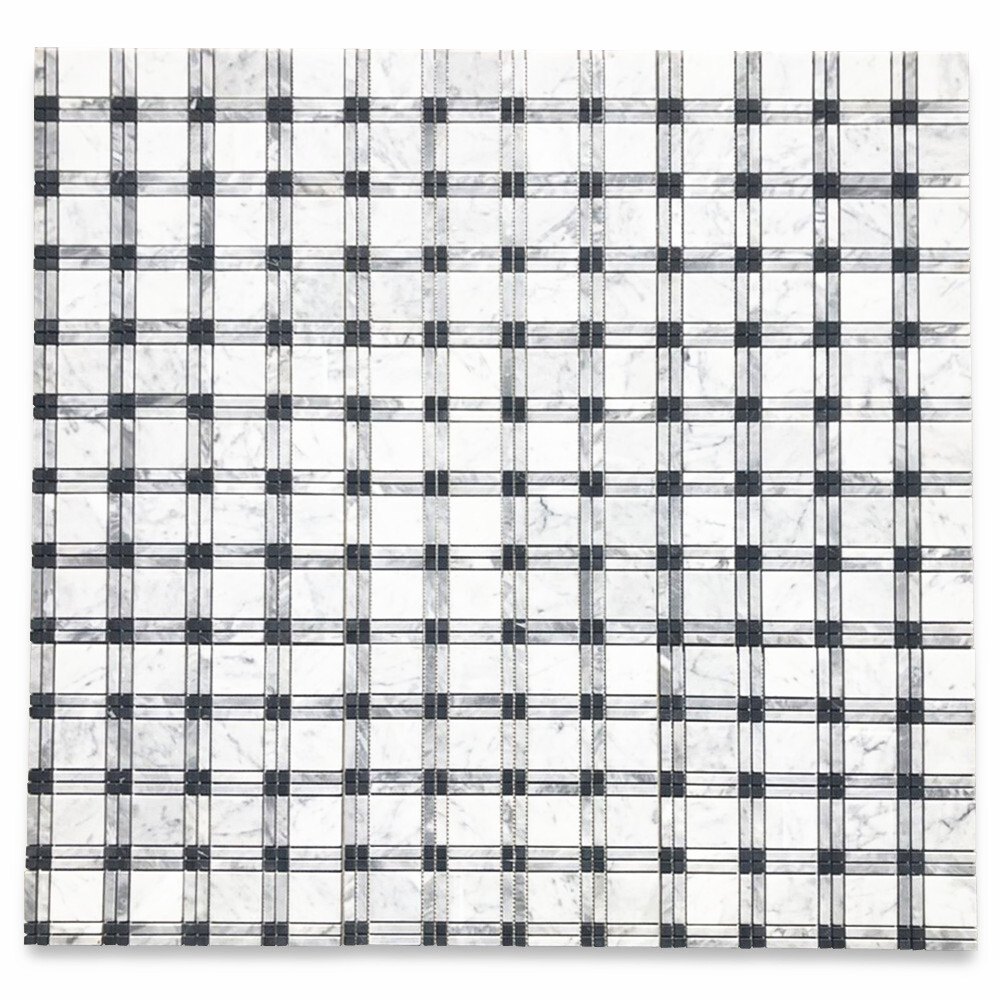 C261XH Carrara White Black Gray Marble Plaid Tartan Wall Floor Tile Matte