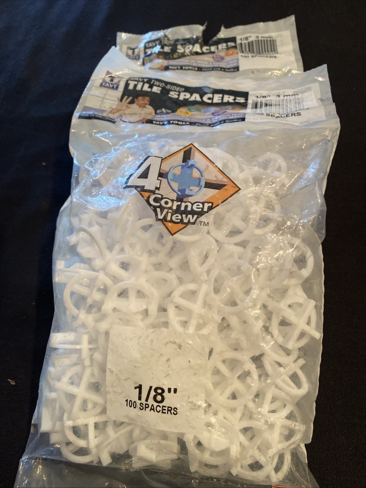 Tavy Basix 2-sided tile spacers, 1/8″, 4 corner view, 100/pkg, Lot of 2 packages