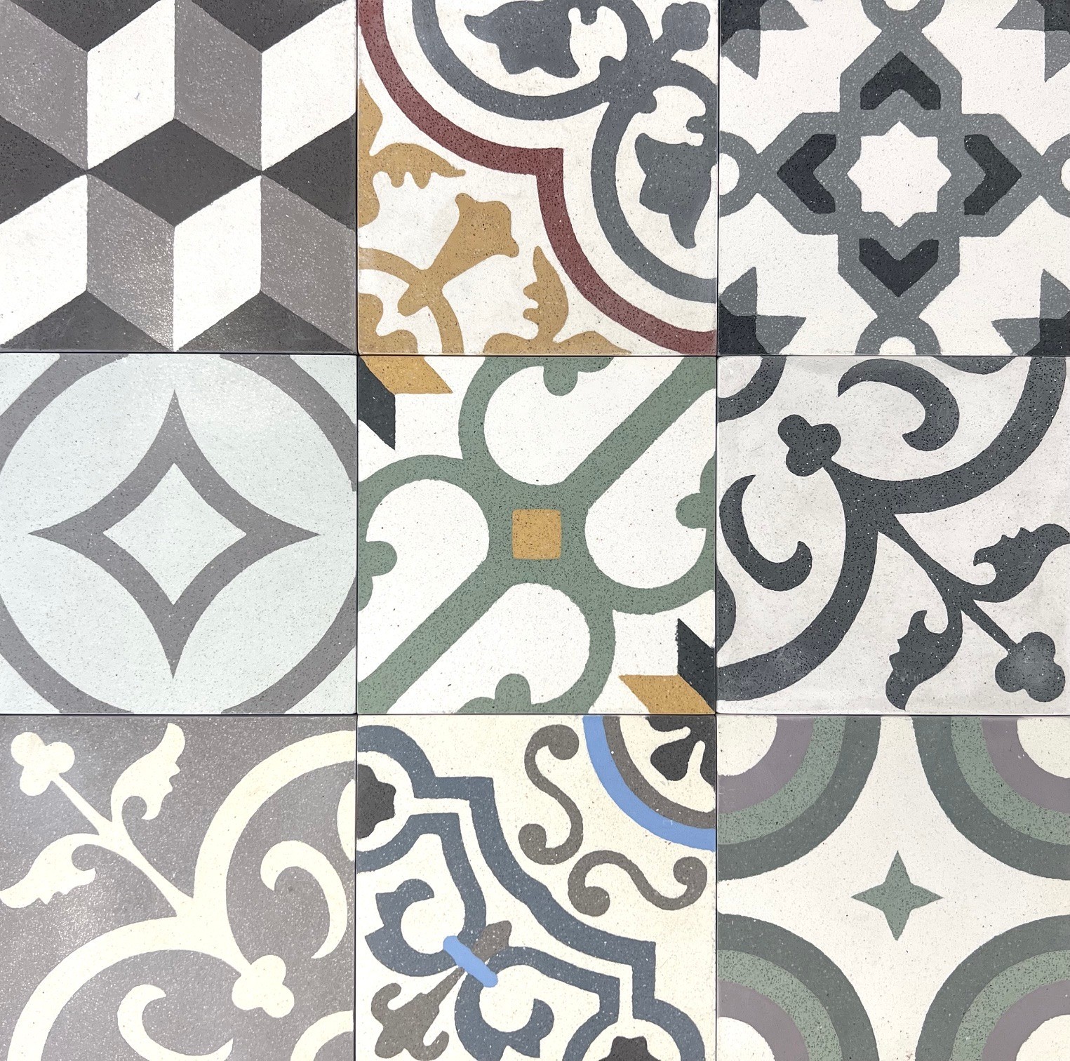 Patchwork 8×8 Geometric Handcrafted Encaustic Cement Floor Field Tile (BOX OF 9)