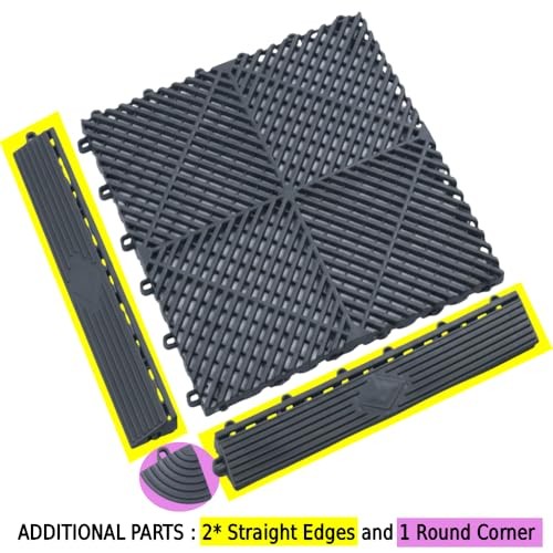 Garage Floor Tiles Looped Edge, 15.5″ x 2.35″, 4 Round corner – 4 Pack Gray
