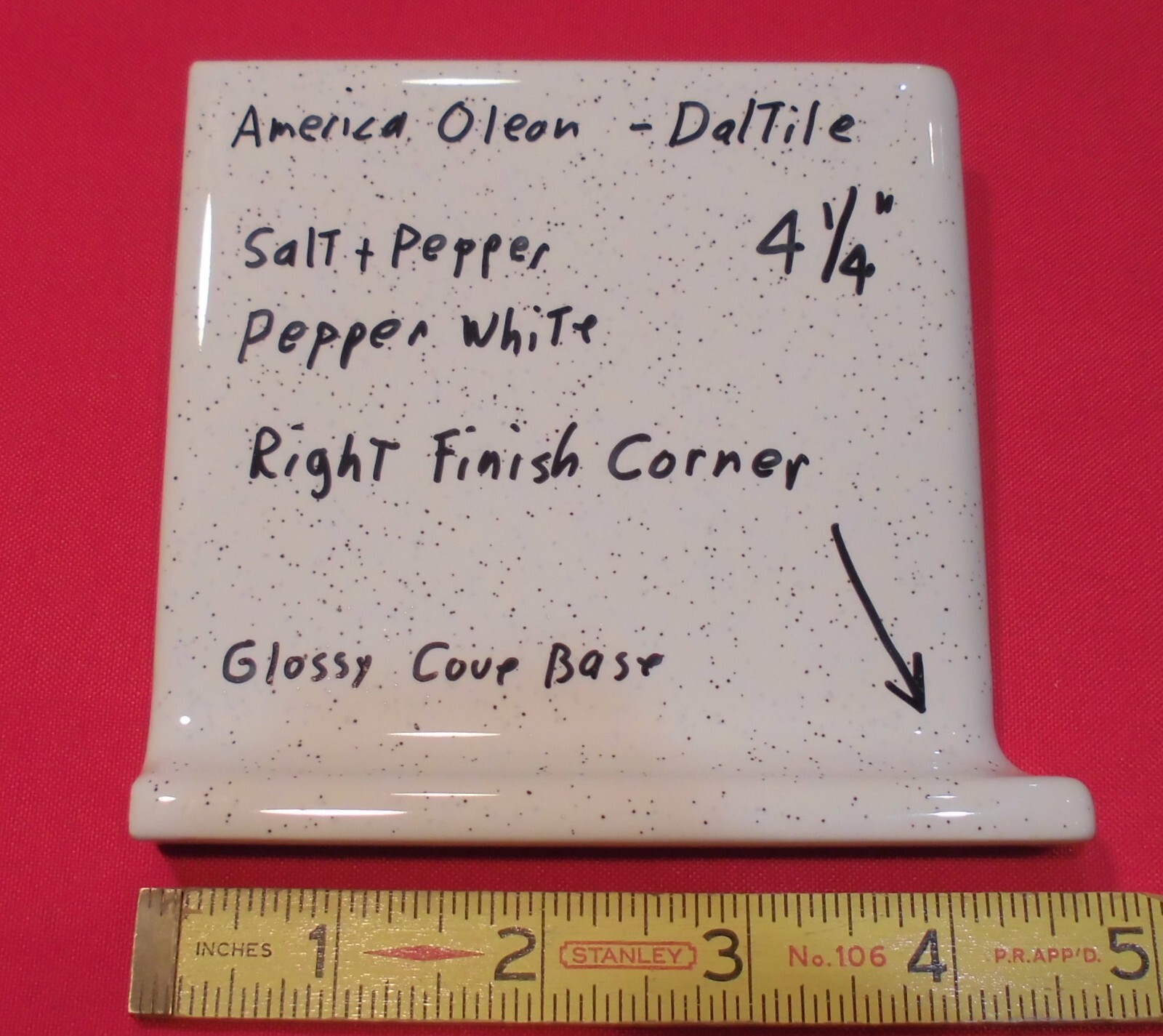 1 pc. Salt & Pepper: Right Finish Corner, Cove/Base Ceramic Tile 4-1/4″ New